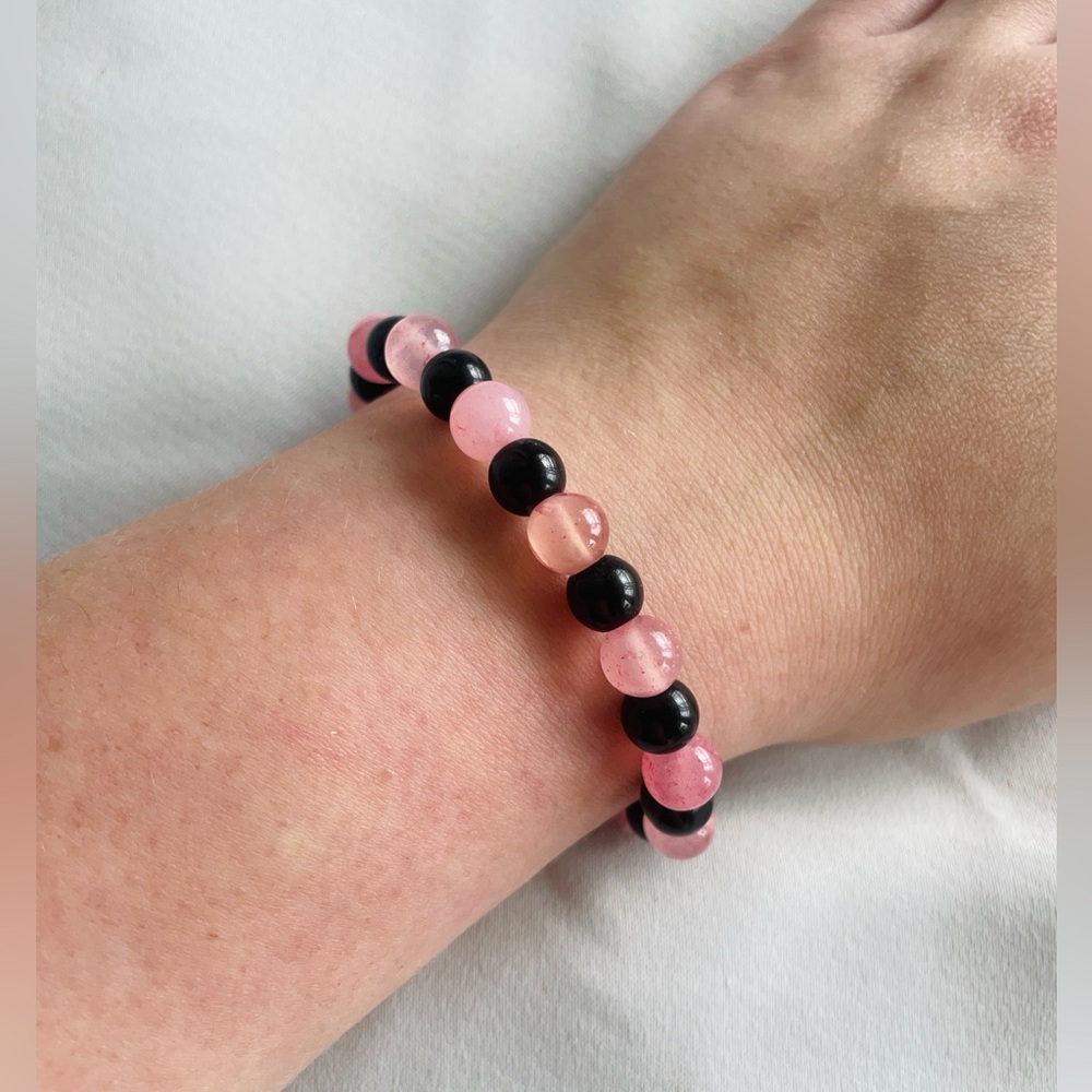 Handmade Pink Afghan Jade & Polished Black Glass Bracelet